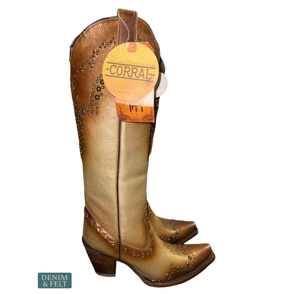 NEW Corral Metallic Bronze Studded Western Tall Cowboy‎ Boots Rodeo Glam 7.5M